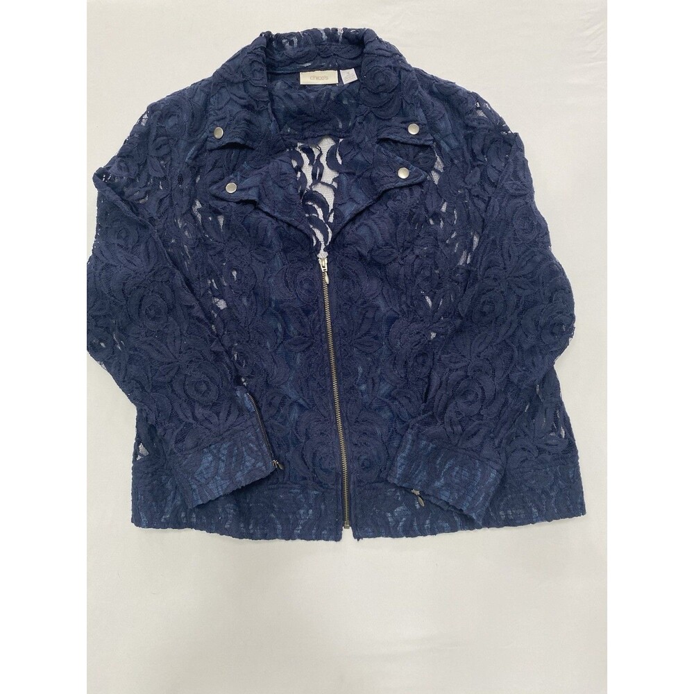 Chico's Floral Lace Moto Jacket Navy Blue Full Zip Biker Mesh Size 3 XL